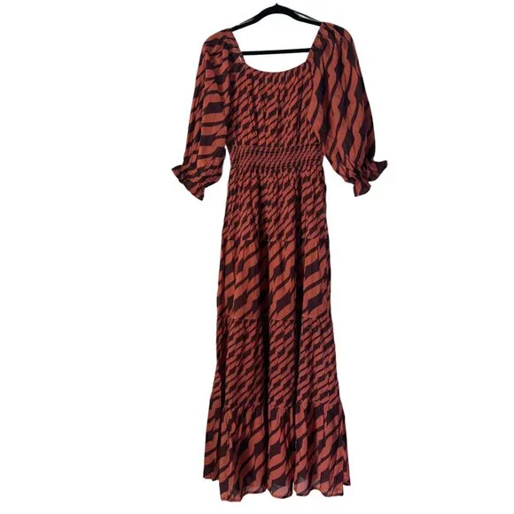 NWT Anthropologie Du Paradis Print Maxi Dress 3/4 Sleeves Smocked Waist, Size XS - Picture 2 of 7